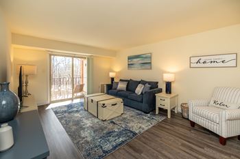 A living room with a sofa, a chair, and a rug  at Liberty Gardens Apartments, Baltimore Maryland